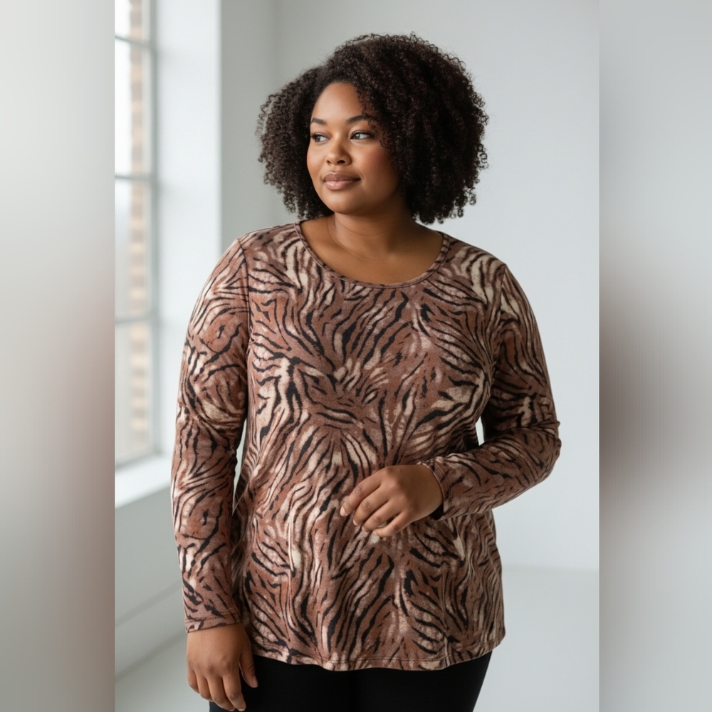 Westbound Women's Tiger Stripes Soft Rib Knit Cotton Blend Long Sleeve Top 2XL